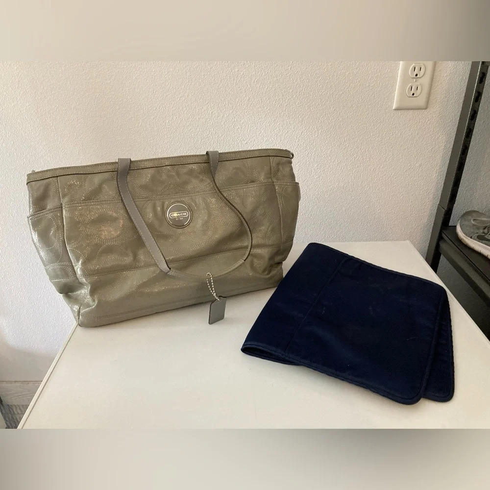 coach baby diaper bag tote pewter grey leather navy blue fabric lined interior